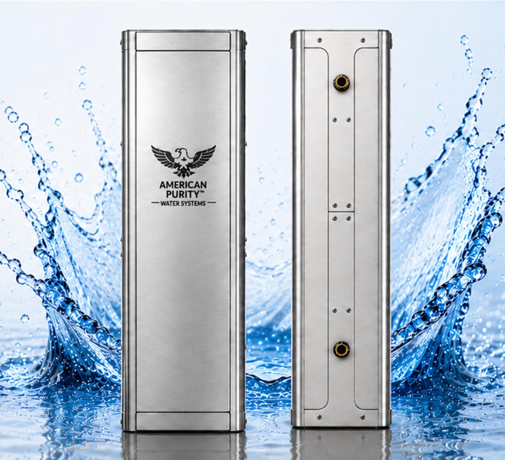 Front and rear product views of the stainless-steel American Purity water filtration unit